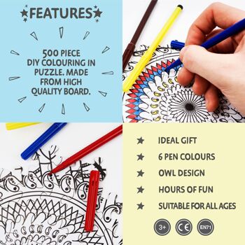 Puzzle 500 pièces chouette et stylos de coloriage – Construire et colorier 3