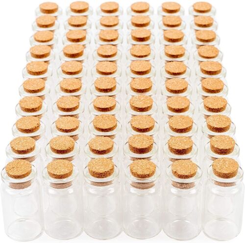 60 Mini Glass Jars Bottles with Cork Stoppers (7ml) Wonderful Party Favours or DIY Projects.