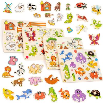 4 farbenfrohe Tierthemen-Holzpuzzles für die frühe Bildung
