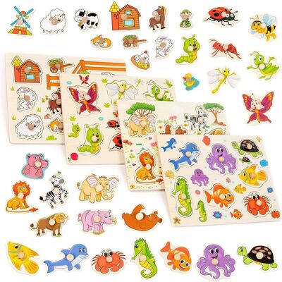 4 puzzles en bois sur le thème des animaux aux couleurs vives pour l'éducation précoce