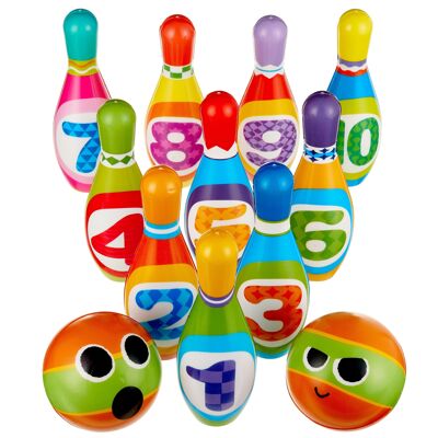 Lot de 12 jouets de bowling doux pour enfants avec quilles en mousse et boules de bowling.
