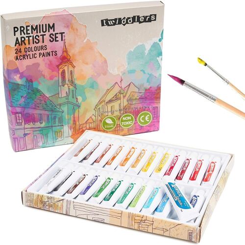 Acrylic Paint Set: 24 Colours with 3 Brushes and Mixing Palette