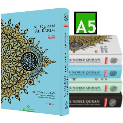 NOBLE Quran Word For Word Colour Coded Tajweed Arabic-English Translation A5 Size - LIGHT BLUE
