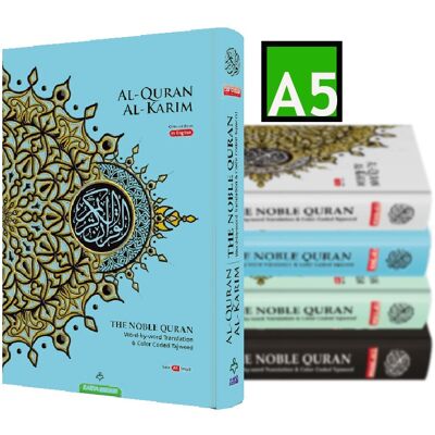 NOBLE Coran Word For Word Code Couleur Tajweed Traduction Arabe-Anglais Format A5 - BLEU CLAIR