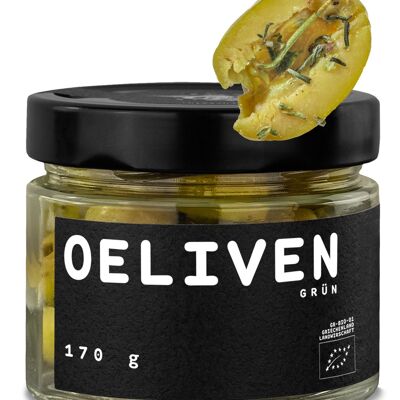 Olive verdi biologiche 170 g - marinate con aglio e origano