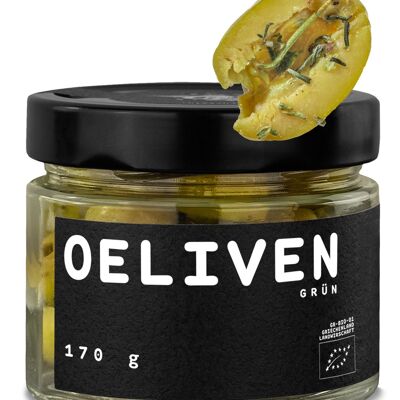 Bio Oliven grün 170 g - mariniert mit Knoblauch und Oregano