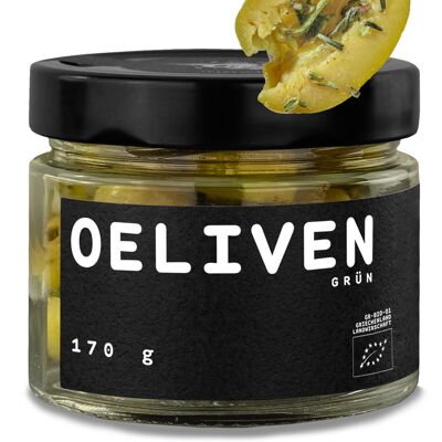 Bio Oliven grün 170 g - mariniert mit Knoblauch und Oregano