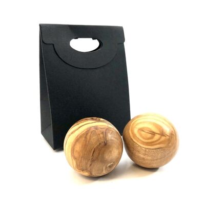 Bolas de relajación hechas de madera de olivo que incluyen un elegante empaque "para llevar"