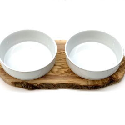 Feeding station RUSTY (2 x 0.9 liter porcelain bowl) for feed & water, olive wood
