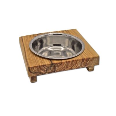Comedero LUCKY (bol de metal de 0,2 l) para perros y gatos, madera de olivo