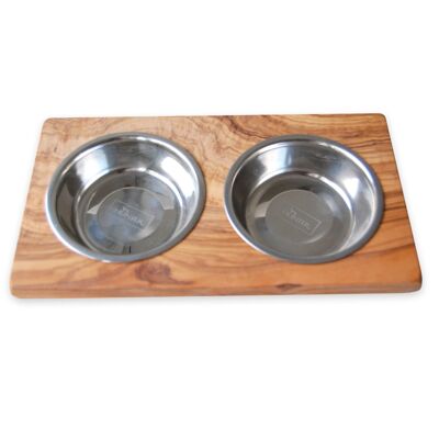 Mangiatoia LUCKY (2 ciotole in metallo da 0,2 l) per cani e gatti di piccola taglia, legno d'ulivo
