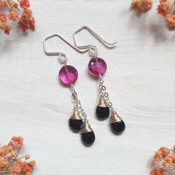 Chain Earrings with Pink Quartz Gems and Black Spinels 1
