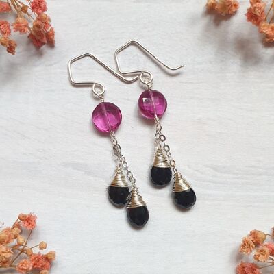 Chain Earrings with Pink Quartz Gems and Black Spinels