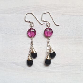 Chain Earrings with Pink Quartz Gems and Black Spinels 2