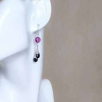 Chain Earrings with Pink Quartz Gems and Black Spinels 3