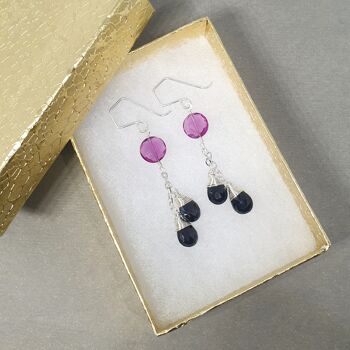 Chain Earrings with Pink Quartz Gems and Black Spinels 4