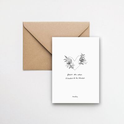 Blooming Heart - Tarjeta de papel hecha a mano de 10 x 15 y sobre reciclado