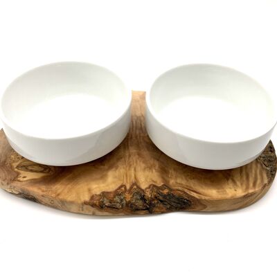 Feeding station RUSTY 2x porcelain bowl 0.4 liters, olive wood
