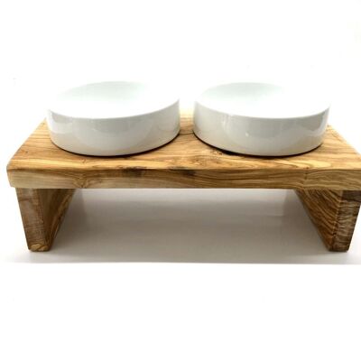Feeding station DANDY PLUS with 2 porcelain bowls, each 0.4 liters, olive wood