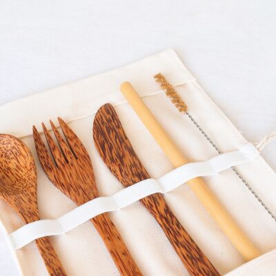 Coconut cutlery set | Spoon, fork, knife and straw - 19 cm