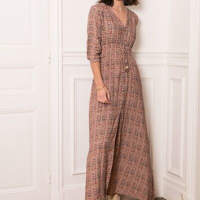 Long button-front printed dress with slit and 3/4 sleeves