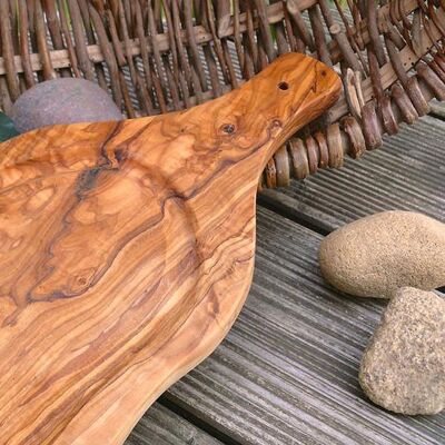 Planche à découper avec rainure à jus et poignée (longueur 35 - 39 cm), bois d'olivier