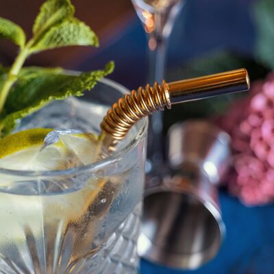 Flexible drinking straws made of stainless steel in gold - Turtleneck Straw, short 15cm - 8 drinking straws + 1 brush