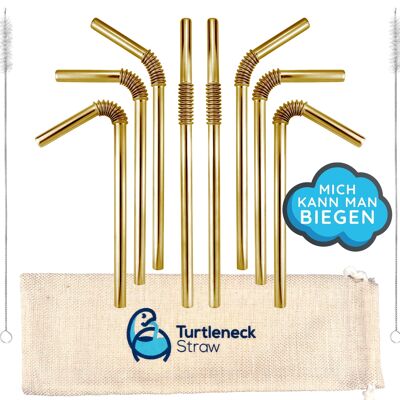 Biegsame Trinkhalme aus Edelstahl in Gold - Turtleneck Straw, Mittel 22cm - 8 Trinkhalme + 1 Bürste