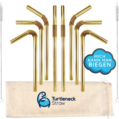 Flexible drinking straws made of stainless steel in gold - Turtleneck Straw, medium 22cm - 8 drinking straws + 1 brush