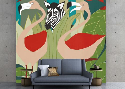 papier peint intissé : zèbre et flamants