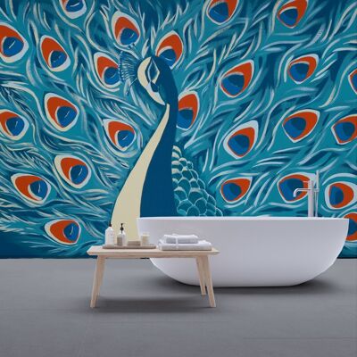 Special wet room wallpaper: the peacock