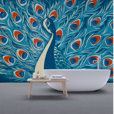 Special wet room wallpaper: the peacock