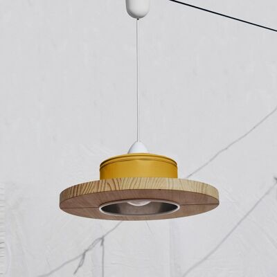 Hanging / ceiling lamp / pendant light, mustard color and pine wood, ECO-friendly: recyled from big coffe can. WINNER of iLLy coffee award! - Option A.: NO plug