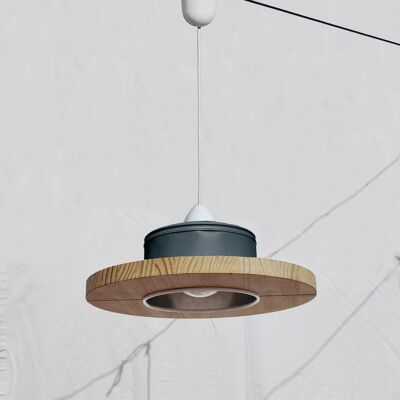 Hanging /ceiling lamp/ pendant light charcoal grey and pine wood, ECO-friendly: recyled from big coffe can. WINNER of iLLy coffee award! - Option A.: no plug
