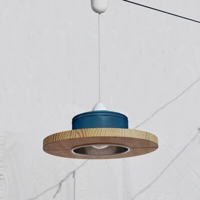 Hanging /ceiling lamp/ pendant light,petrol blue color and pine wood, ECO-friendly: recyled from big coffe can. WINNER of iLLy coffee award! - Option B.: with plug