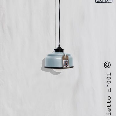 Hanging / ceiling lamp, pastel blue color and black details... eco friendly & handmade : recycled from coffee can ! LED light bulb included - Option A. : NO plug