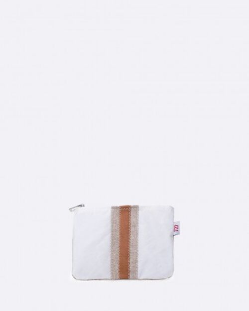 Pochette make-up en voile 100% recyclée - Lin et cuir camel