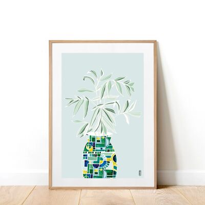 Vase à feuilles bleu A3 Impression artistique