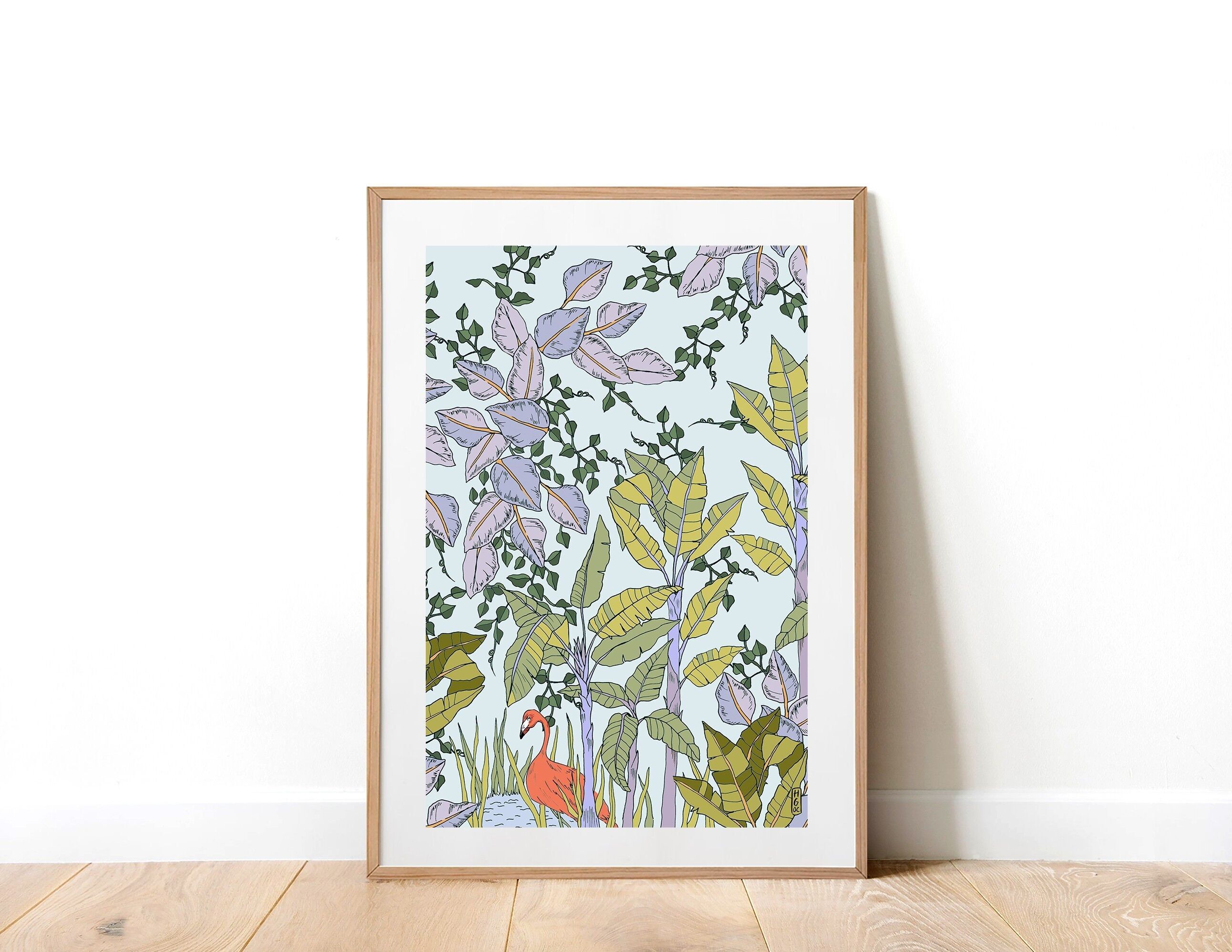 Stampa artistica A3 di fenicottero bagnante