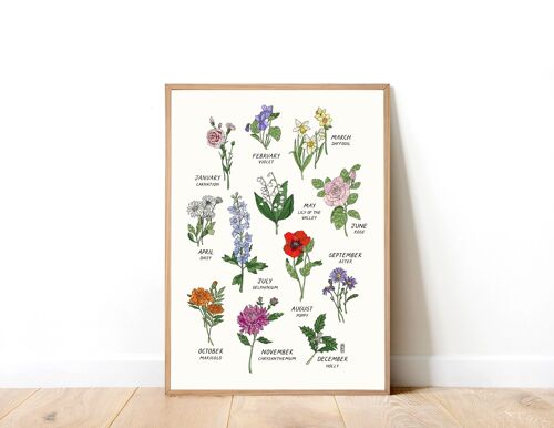 Birth Flowers Cream A3 Art Print