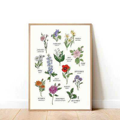 Birth Flowers Cream A3 Art Print