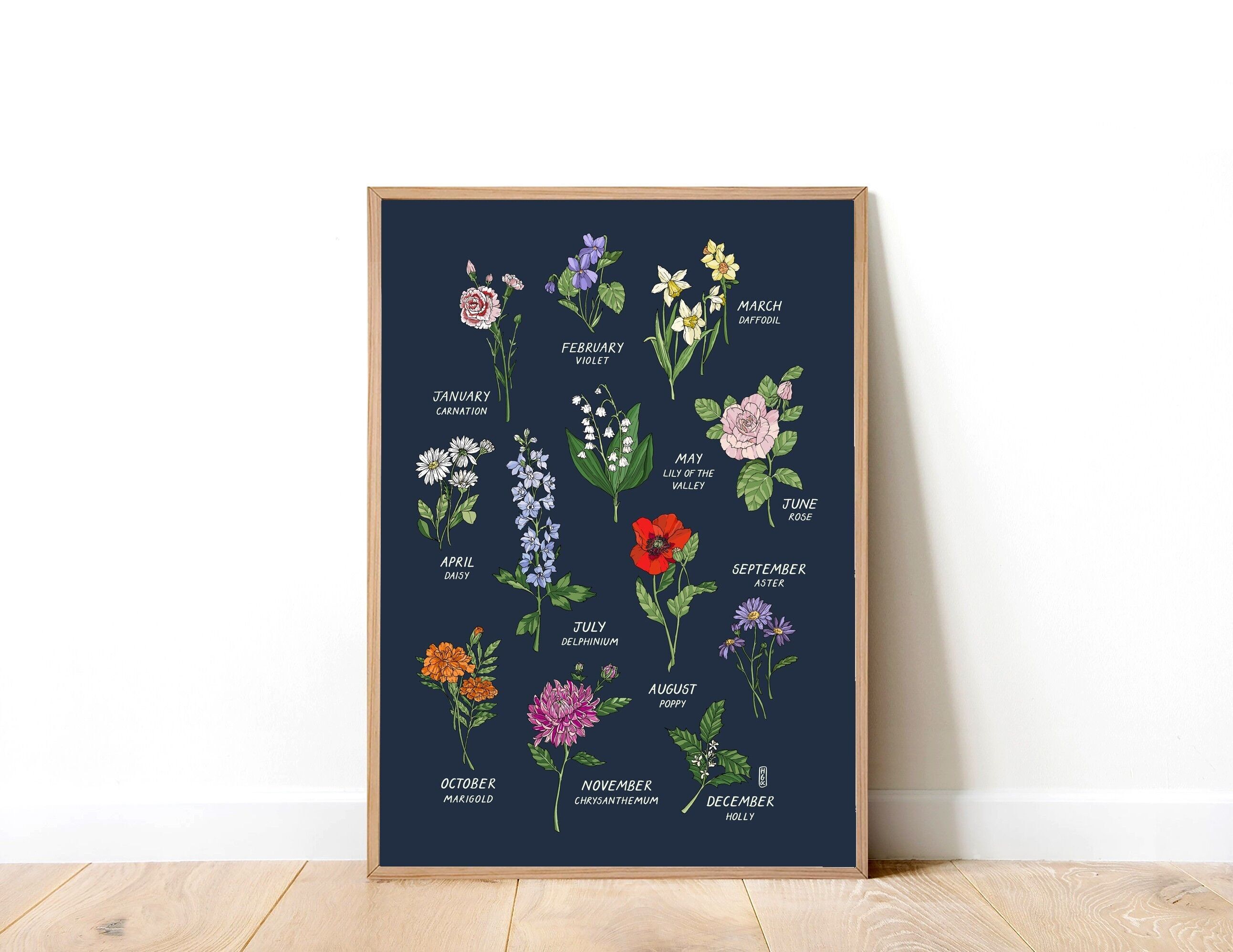 Geburtsblumen Navy A3 Kunstdruck