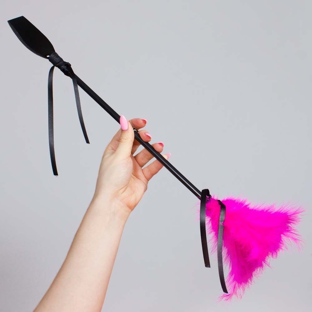 Fuchsia feather tickler and riding crop