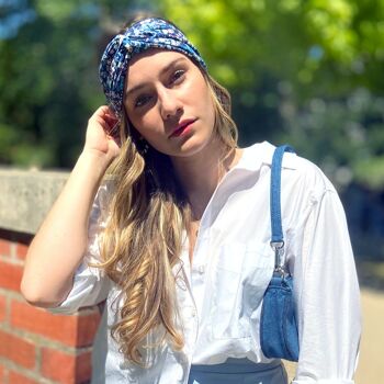 Headband AMY / coton bleu à fleurs blanches 4