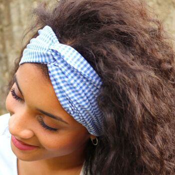 Headband BABETH / coton à carreaux blanc et bleu 3