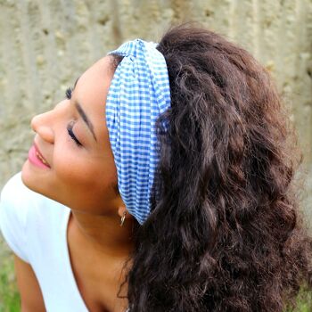 Headband BABETH / coton à carreaux blanc et bleu 4