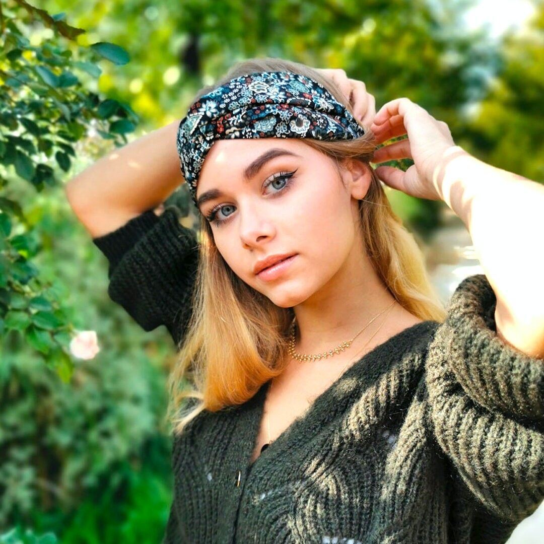 Headband BERTILLE / polyester imprimé floral noir, kaki et terracotta