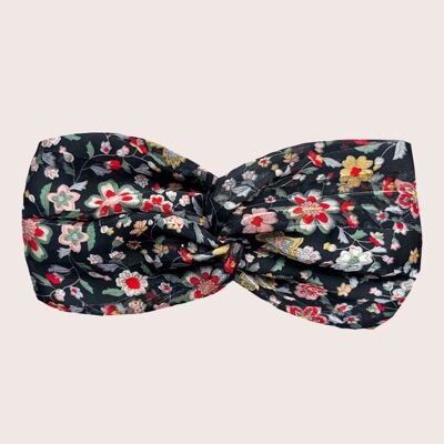 CAROLE Stirnband / schwarzes Polyester mit Blumendruck