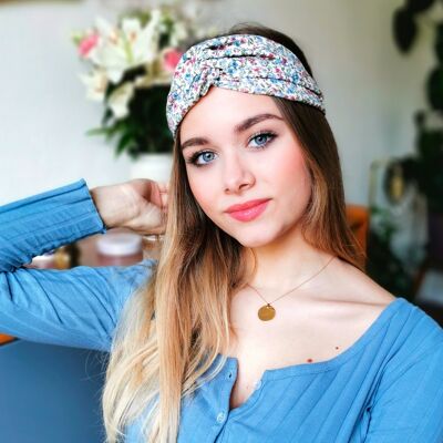 DINA-Stirnband / weiße Baumwolle mit himmelblauen und rosa Blumen