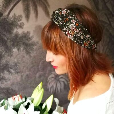 Headband ELIA / polyester kaki à fleurs ocre